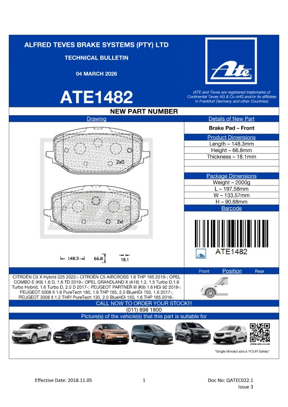 ATE1482 NEW! Brake Pad for Citroën C5 X, Citroën C5 Aircros, Opel Combo E, Opel Grandland X, Peugeot Partner III, Peugeot 5008 II, Peugeot 3008 II. featured image